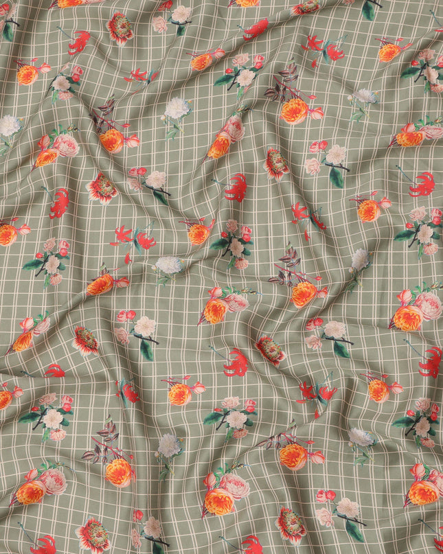 Sage Green Base with White Check and Multicolor Floral Printed Cotton Lawn Fabric, Width 110 Cms, Made in India-D23933