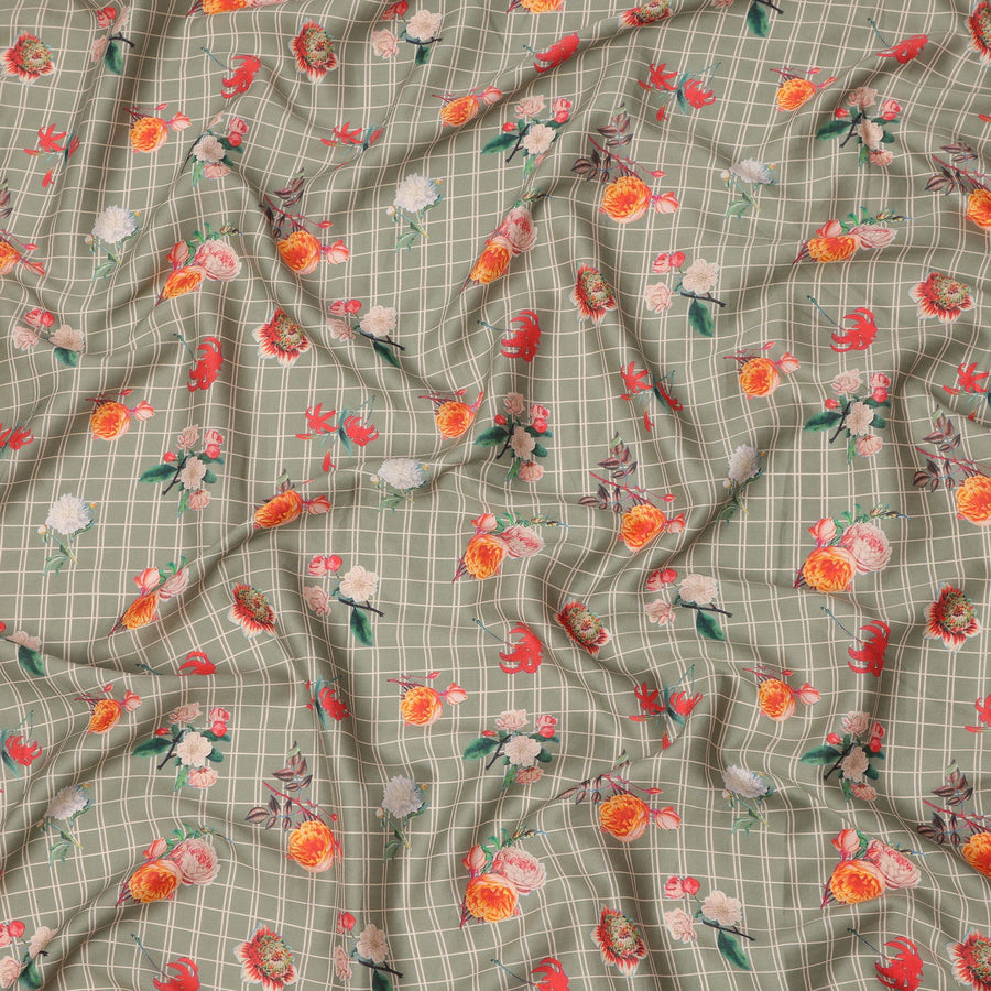 Sage Green Base with White Check and Multicolor Floral Printed Cotton Lawn Fabric, Width 110 Cms, Made in India-D23933