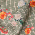 Sage Green Base with White Check and Multicolor Floral Printed Cotton Lawn Fabric, Width 110 Cms, Made in India-D23933