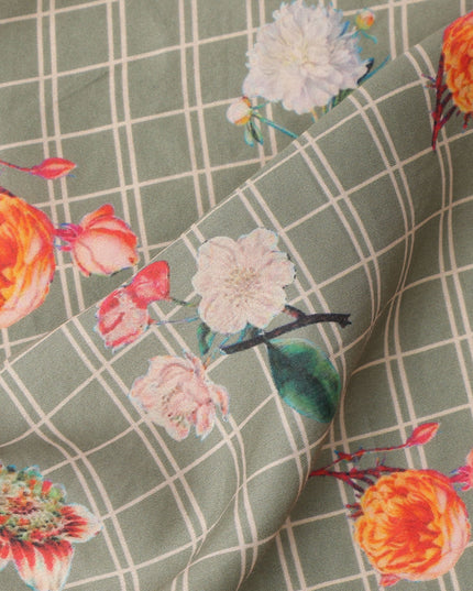 Sage Green Base with White Check and Multicolor Floral Printed Cotton Lawn Fabric, Width 110 Cms, Made in India-D23933