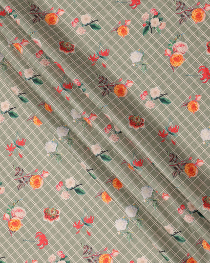 Sage Green Base with White Check and Multicolor Floral Printed Cotton Lawn Fabric, Width 110 Cms, Made in India-D23933