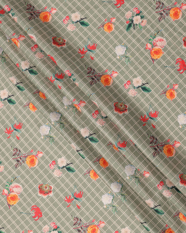 Sage Green Base with White Check and Multicolor Floral Printed Cotton Lawn Fabric, Width 110 Cms, Made in India-D23933