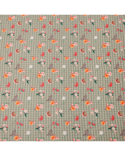 Sage Green Base with White Check and Multicolor Floral Printed Cotton Lawn Fabric, Width 110 Cms, Made in India-D23933