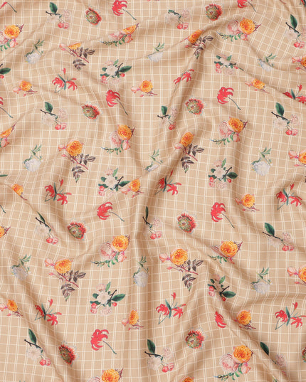Beige Base with White Check and Multicolor Floral Printed Cotton Lawn Fabric, Width 110 Cms, Made in India-D23934