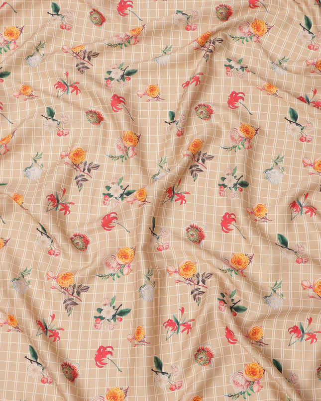 Beige Base with White Check and Multicolor Floral Printed Cotton Lawn Fabric, Width 110 Cms, Made in India-D23934