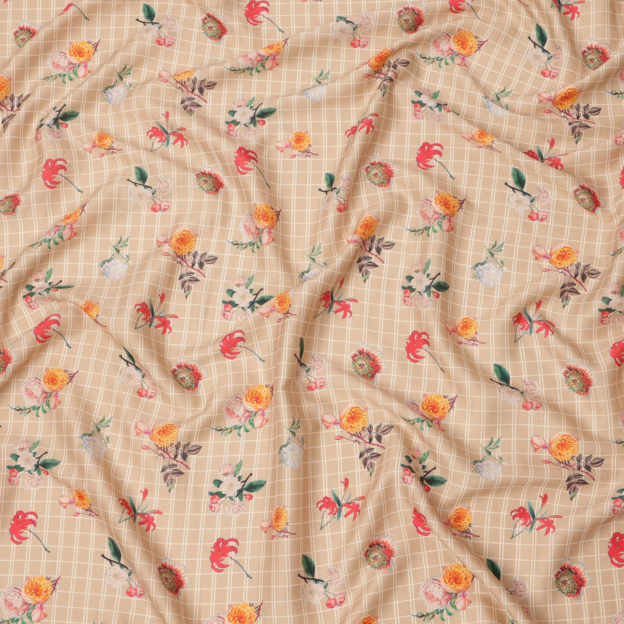 Beige Base with White Check and Multicolor Floral Printed Cotton Lawn Fabric, Width 110 Cms, Made in India-D23934