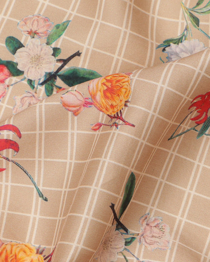 Beige Base with White Check and Multicolor Floral Printed Cotton Lawn Fabric, Width 110 Cms, Made in India-D23934
