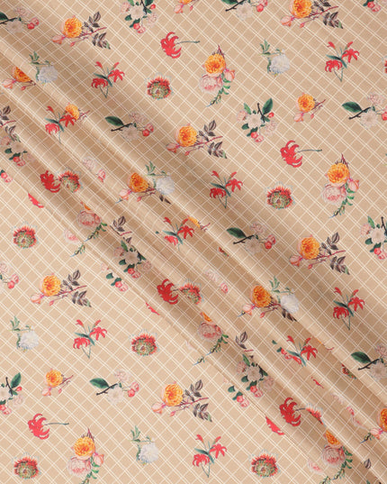Beige Base with White Check and Multicolor Floral Printed Cotton Lawn Fabric, Width 110 Cms, Made in India-D23934