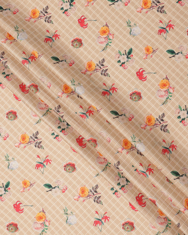 Beige Base with White Check and Multicolor Floral Printed Cotton Lawn Fabric, Width 110 Cms, Made in India-D23934