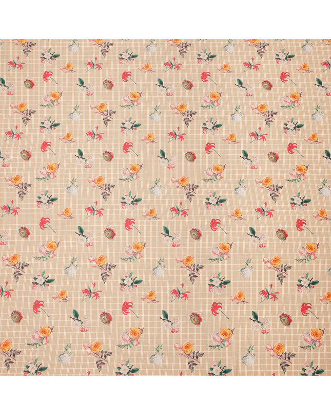 Beige Base with White Check and Multicolor Floral Printed Cotton Lawn Fabric, Width 110 Cms, Made in India-D23934