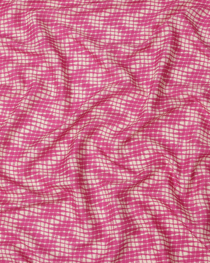 Magenta and Off-White Abstract Grid Check Printed Cotton Lawn Fabric, Width 110 Cms, Made in India-D23935