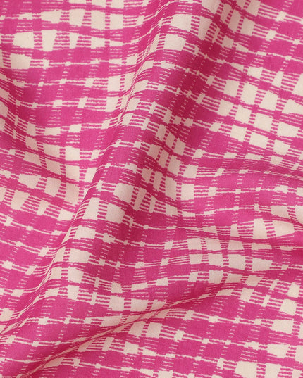 Magenta and Off-White Abstract Grid Check Printed Cotton Lawn Fabric, Width 110 Cms, Made in India-D23935