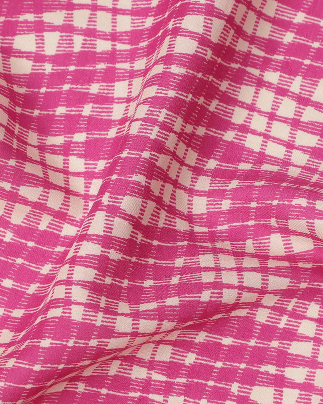 Magenta and Off-White Abstract Grid Check Printed Cotton Lawn Fabric, Width 110 Cms, Made in India-D23935