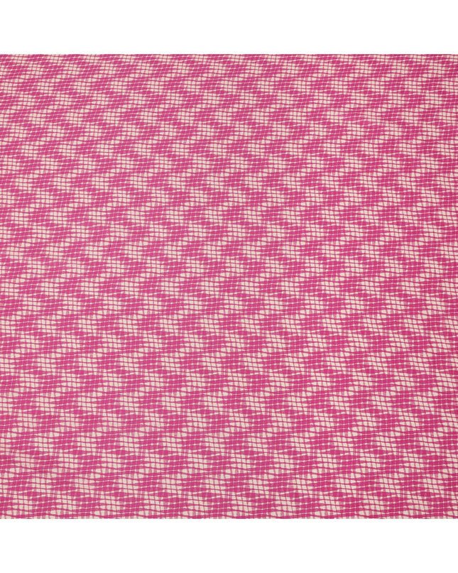 Magenta and Off-White Abstract Grid Check Printed Cotton Lawn Fabric, Width 110 Cms, Made in India-D23935