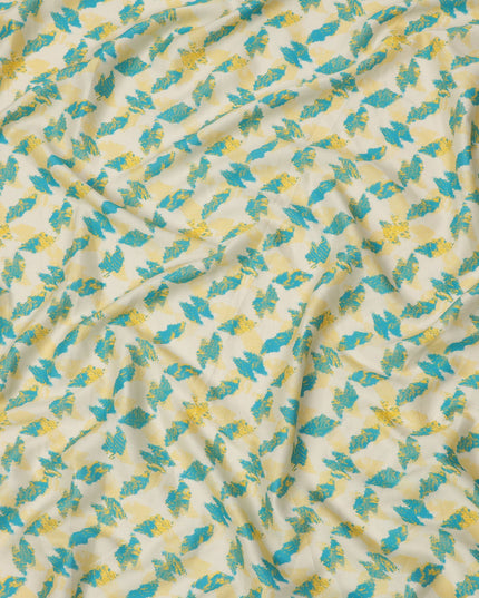 Ivory Cotton Lawn Fabric with Aqua Blue and Yellow Feather-Like Abstract Print, Width 110 Cms, Made in India-D23937