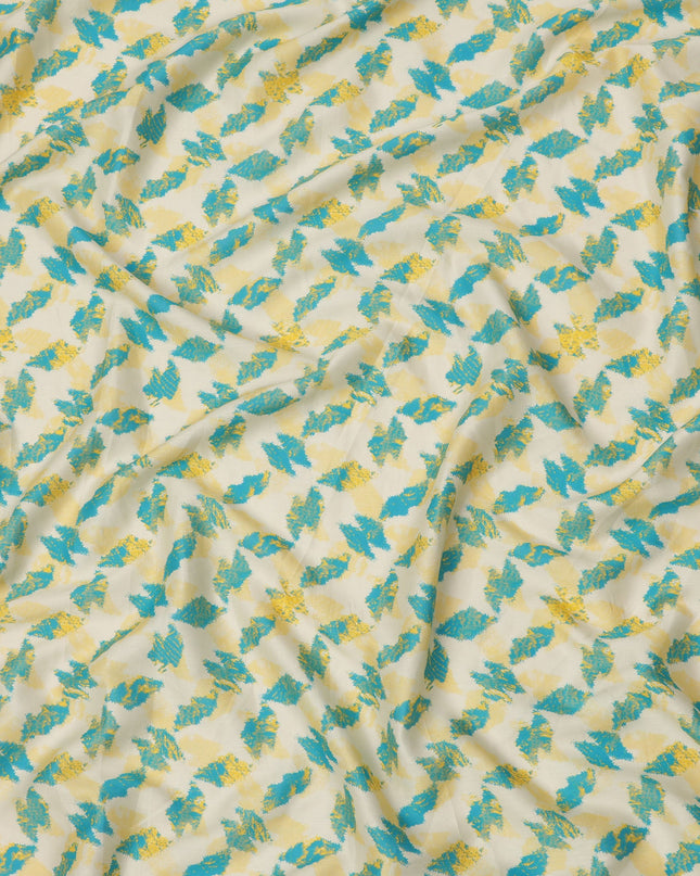 Ivory Cotton Lawn Fabric with Aqua Blue and Yellow Feather-Like Abstract Print, Width 110 Cms, Made in India-D23937