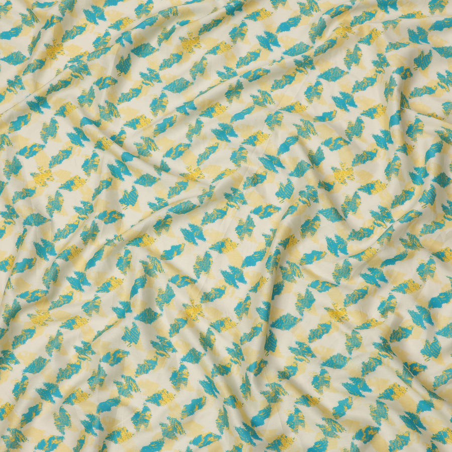 Ivory Cotton Lawn Fabric with Aqua Blue and Yellow Feather-Like Abstract Print, Width 110 Cms, Made in India-D23937
