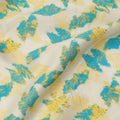Ivory Cotton Lawn Fabric with Aqua Blue and Yellow Feather-Like Abstract Print, Width 110 Cms, Made in India-D23937