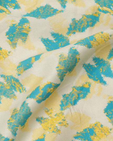 Ivory Cotton Lawn Fabric with Aqua Blue and Yellow Feather-Like Abstract Print, Width 110 Cms, Made in India-D23937