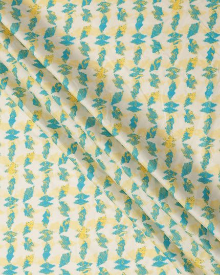 Ivory Cotton Lawn Fabric with Aqua Blue and Yellow Feather-Like Abstract Print, Width 110 Cms, Made in India-D23937