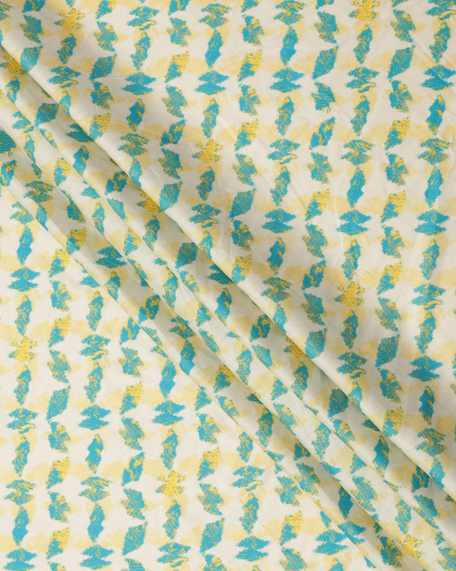Ivory Cotton Lawn Fabric with Aqua Blue and Yellow Feather-Like Abstract Print, Width 110 Cms, Made in India-D23937