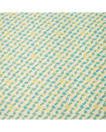 Ivory Cotton Lawn Fabric with Aqua Blue and Yellow Feather-Like Abstract Print, Width 110 Cms, Made in India-D23937