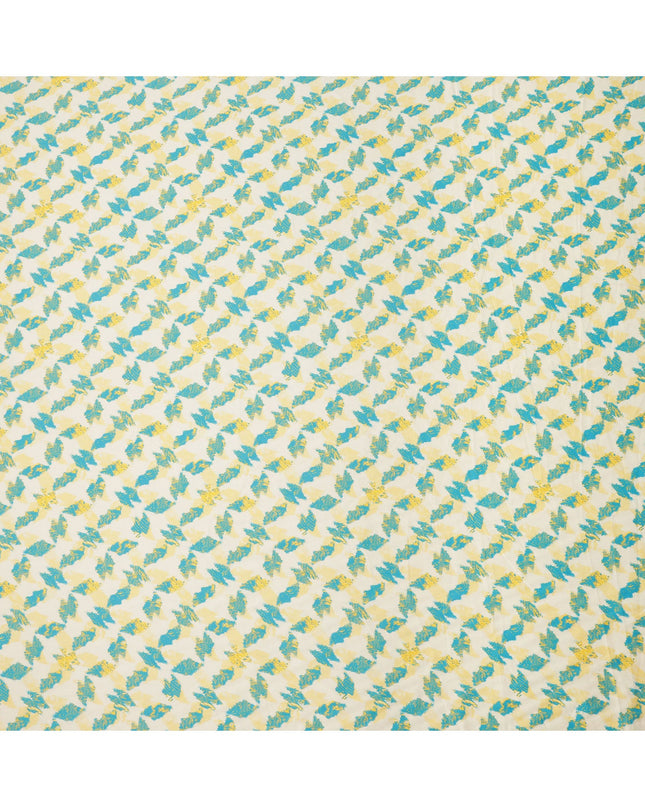Ivory Cotton Lawn Fabric with Aqua Blue and Yellow Feather-Like Abstract Print, Width 110 Cms, Made in India-D23937