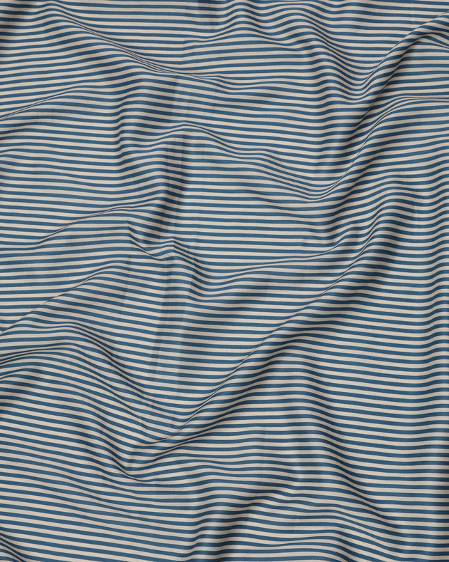 Blue and Ivory Horizontal Stripe Cotton Lawn Fabric, Width 110 Cms, Made in India-D23938