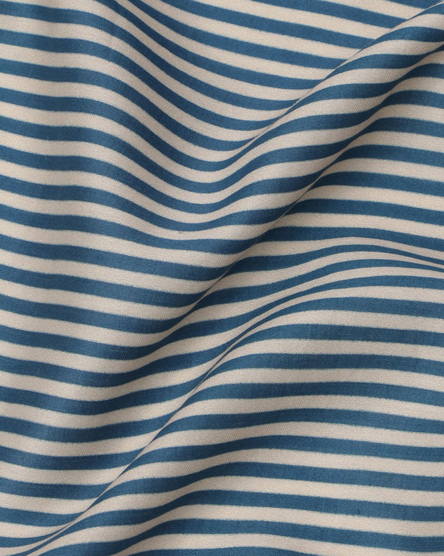 Blue and Ivory Horizontal Stripe Cotton Lawn Fabric, Width 110 Cms, Made in India-D23938