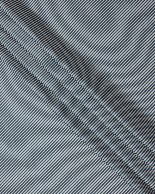 Blue and Ivory Horizontal Stripe Cotton Lawn Fabric, Width 110 Cms, Made in India-D23938