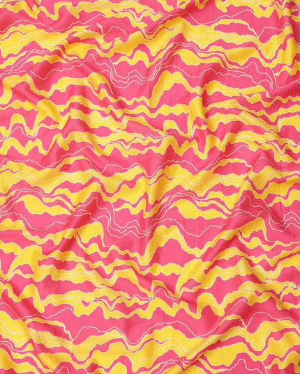 Pink Cotton Lawn Fabric with Wavy Yellow and White Abstract Line Print, Width 110 Cms, Made in India-D23939