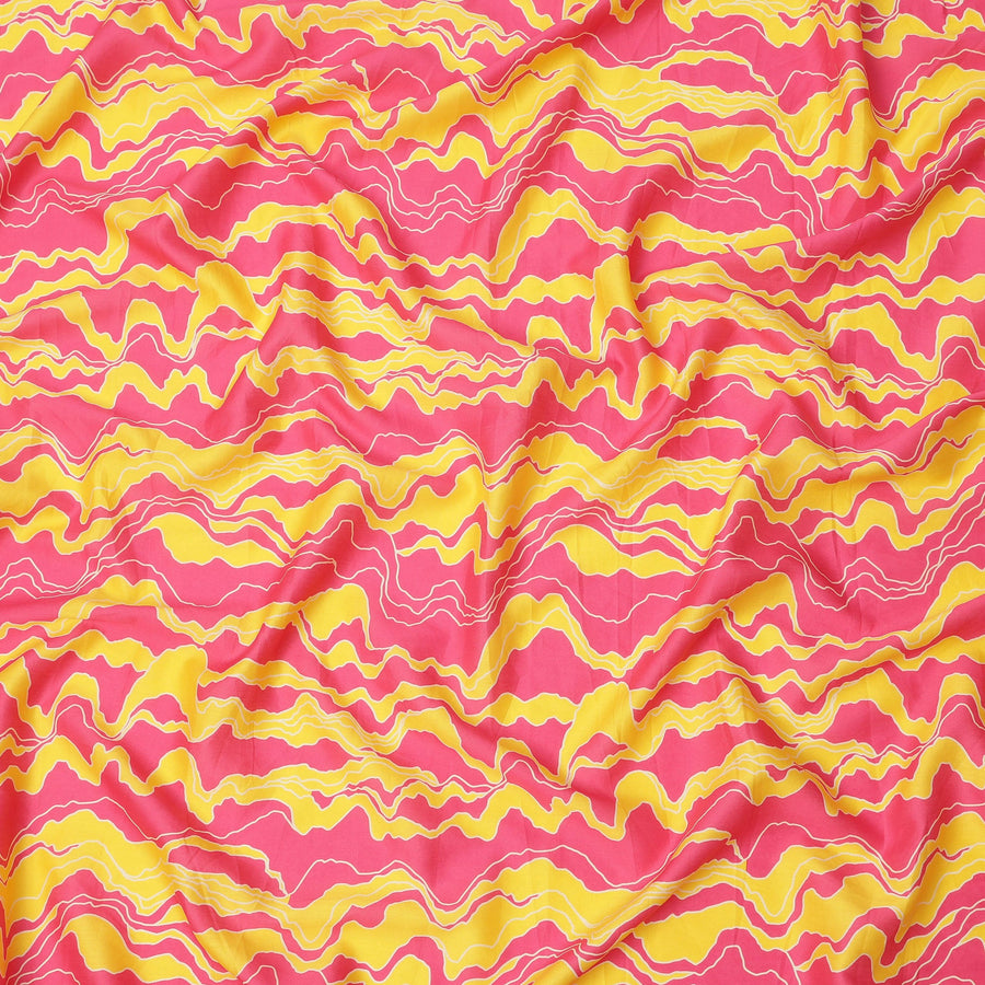 Pink Cotton Lawn Fabric with Wavy Yellow and White Abstract Line Print, Width 110 Cms, Made in India-D23939