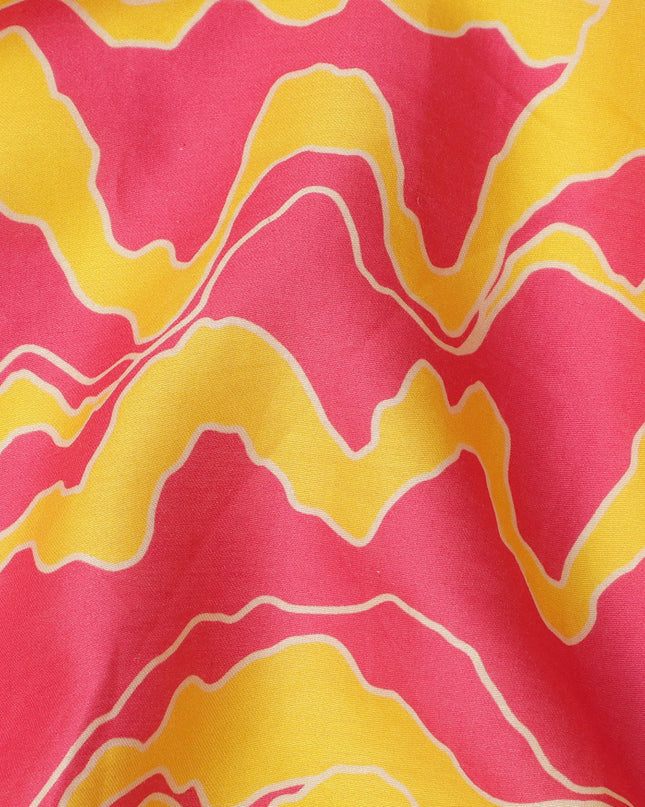 Pink Cotton Lawn Fabric with Wavy Yellow and White Abstract Line Print, Width 110 Cms, Made in India-D23939