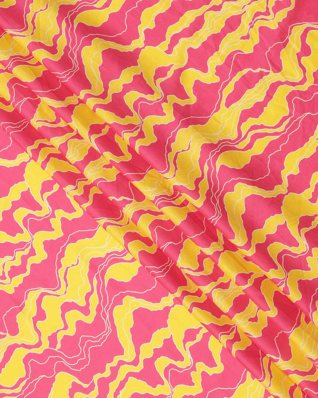 Pink Cotton Lawn Fabric with Wavy Yellow and White Abstract Line Print, Width 110 Cms, Made in India-D23939