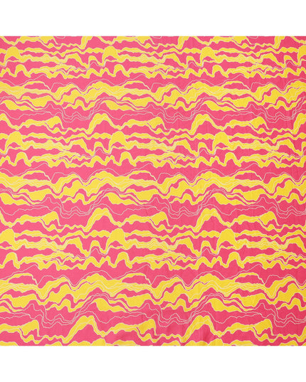 Pink Cotton Lawn Fabric with Wavy Yellow and White Abstract Line Print, Width 110 Cms, Made in India-D23939