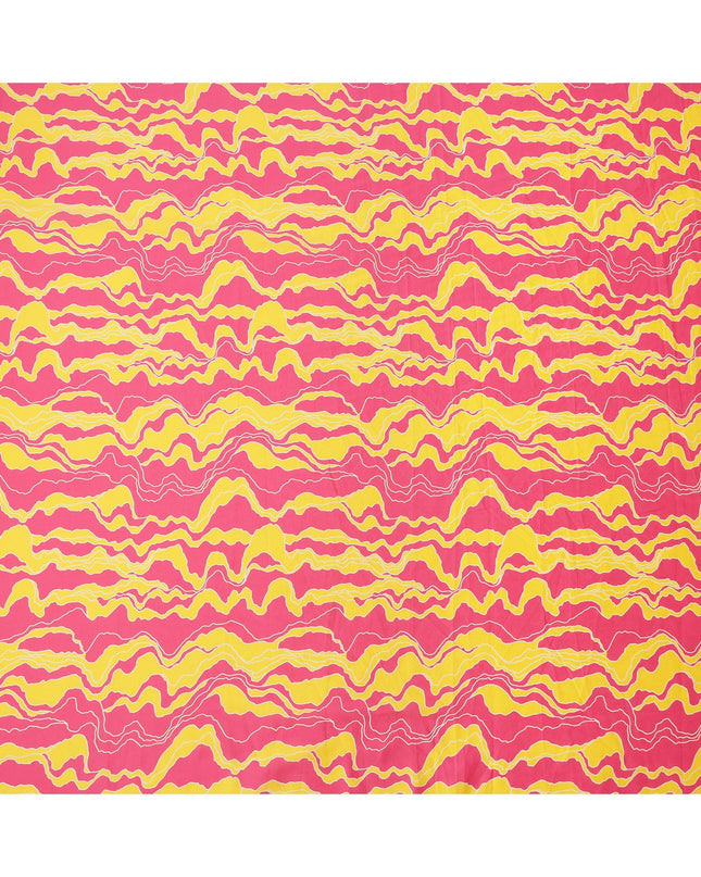 Pink Cotton Lawn Fabric with Wavy Yellow and White Abstract Line Print, Width 110 Cms, Made in India-D23939