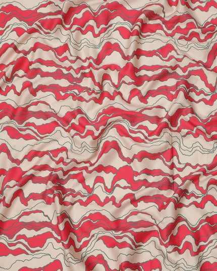 قماش قطني أحمر وبيج بطبعة خطوط تجريدية متموجة، عرض 110 سم، صنع في الهند - D23940