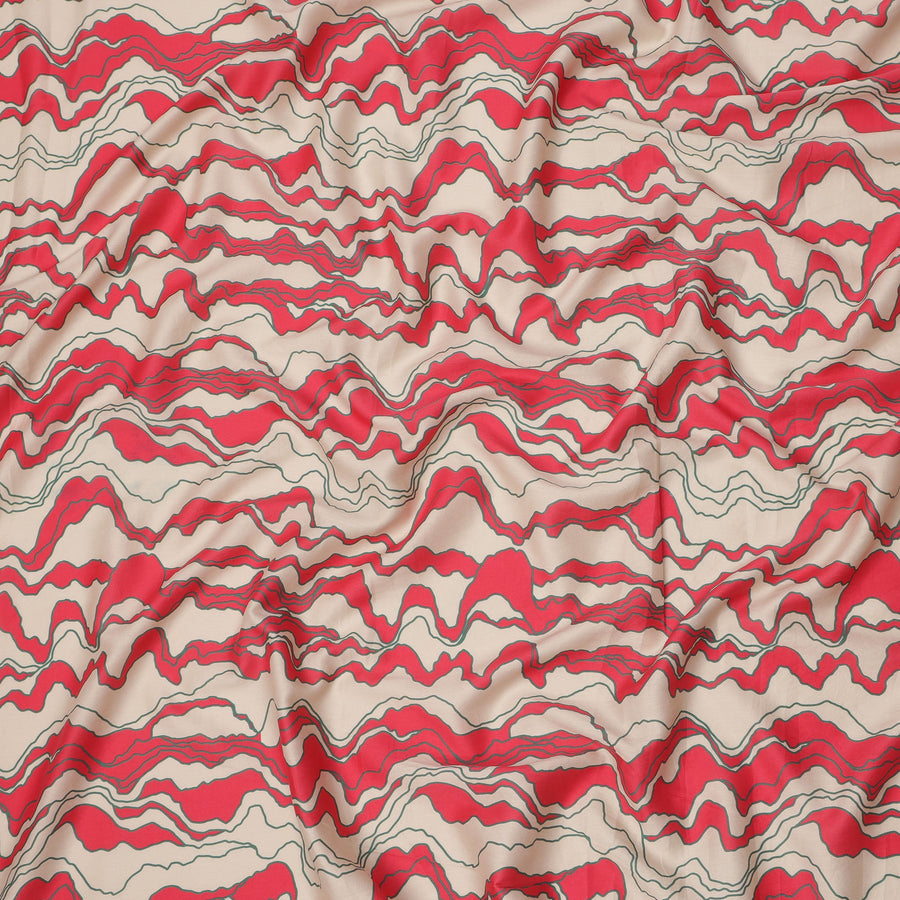 قماش قطني أحمر وبيج بطبعة خطوط تجريدية متموجة، عرض 110 سم، صنع في الهند - D23940