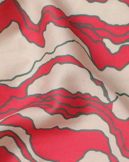 قماش قطني أحمر وبيج بطبعة خطوط تجريدية متموجة، عرض 110 سم، صنع في الهند - D23940