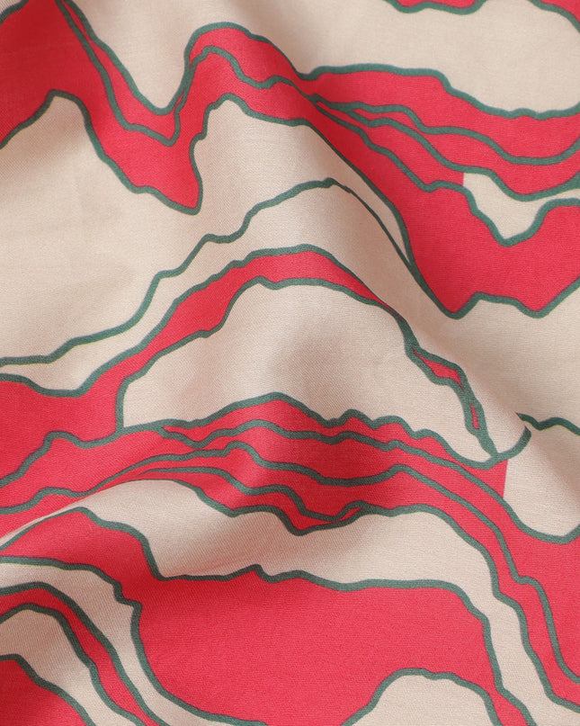 Red and Beige Cotton Lawn Fabric with Wavy Abstract Line Print, Width 110 Cms, Made in India-D23940 - Regal Fabrics