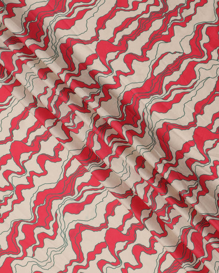 قماش قطني أحمر وبيج بطبعة خطوط تجريدية متموجة، عرض 110 سم، صنع في الهند - D23940