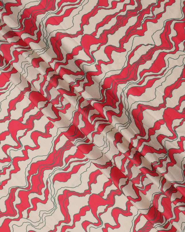 Red and Beige Cotton Lawn Fabric with Wavy Abstract Line Print, Width 110 Cms, Made in India-D23940 - Regal Fabrics