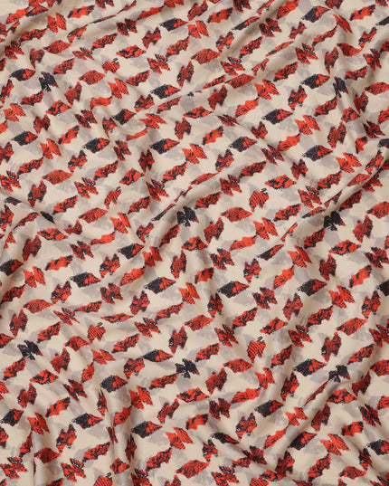 Beige Cotton Lawn Fabric with Red and Black Abstract Leaf Print, Width 110 Cms, Made in India-D23941