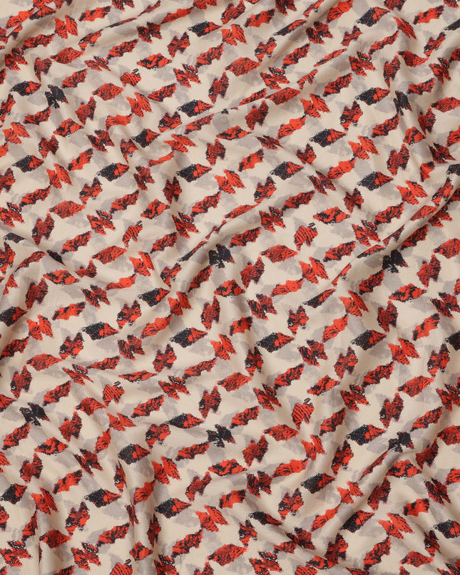 Beige Cotton Lawn Fabric with Red and Black Abstract Leaf Print, Width 110 Cms, Made in India-D23941