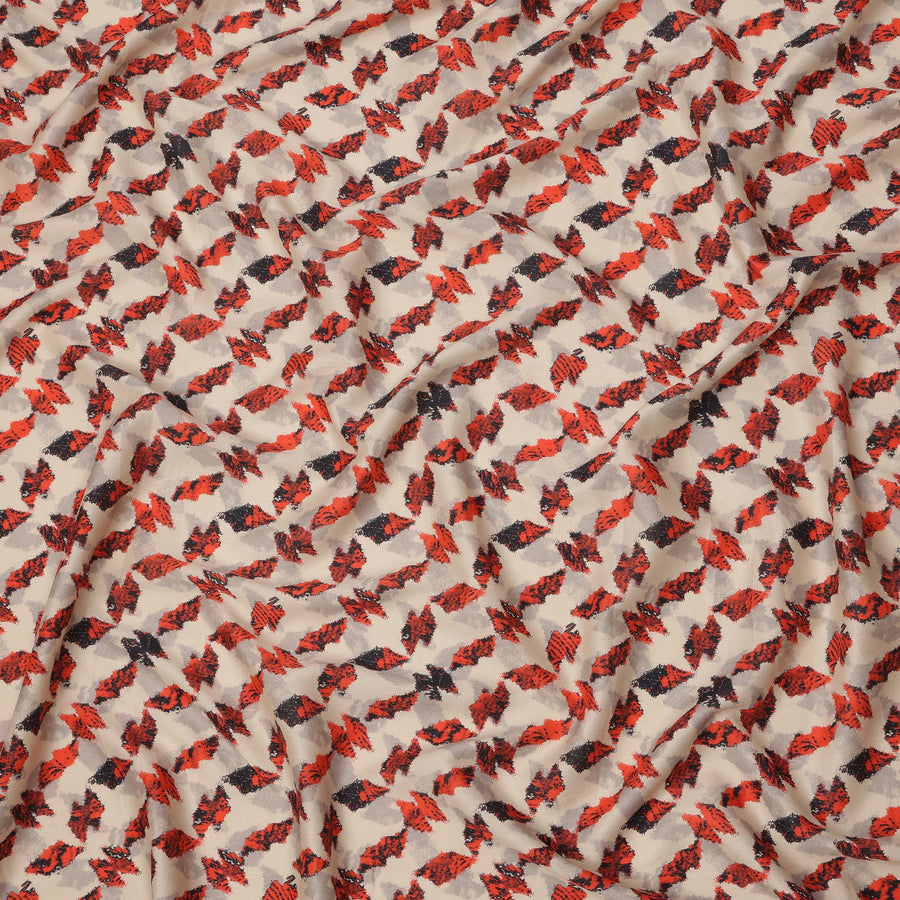 Beige Cotton Lawn Fabric with Red and Black Abstract Leaf Print, Width 110 Cms, Made in India-D23941
