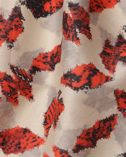 Beige Cotton Lawn Fabric with Red and Black Abstract Leaf Print, Width 110 Cms, Made in India-D23941