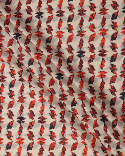 Beige Cotton Lawn Fabric with Red and Black Abstract Leaf Print, Width 110 Cms, Made in India-D23941