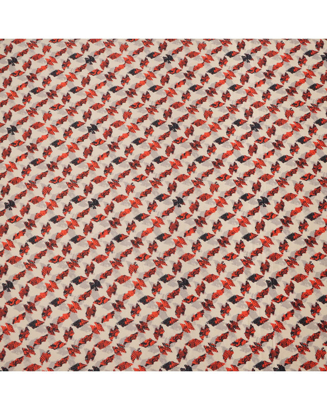 Beige Cotton Lawn Fabric with Red and Black Abstract Leaf Print, Width 110 Cms, Made in India-D23941