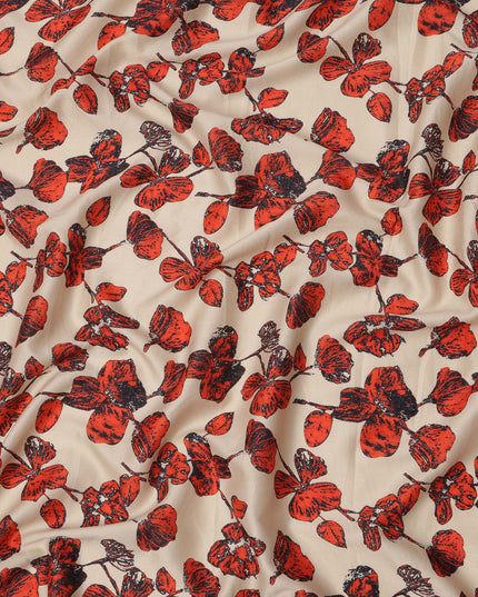Beige Cotton Lawn Fabric with Red and Black Floral Sketch Print, Width 110 Cms, Made in India-D23942