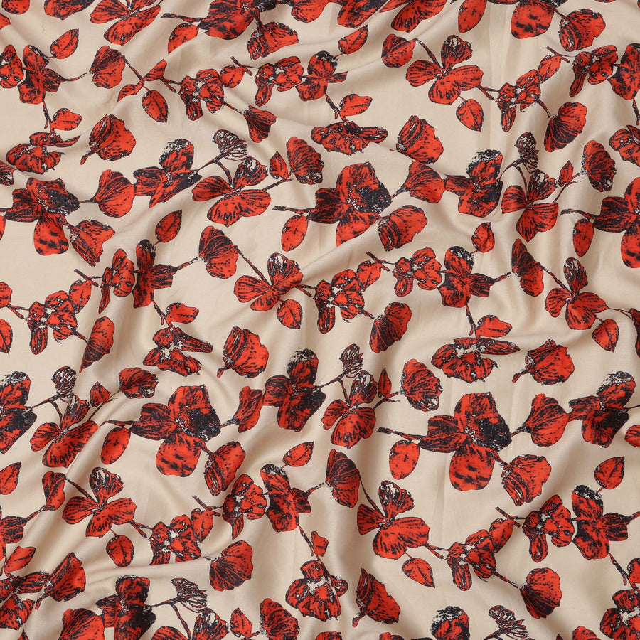 Beige Cotton Lawn Fabric with Red and Black Floral Sketch Print, Width 110 Cms, Made in India-D23942